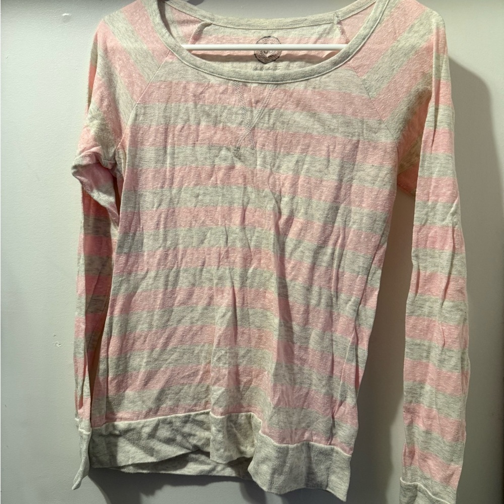 Pink and Gray Striped Long Sleeve Top